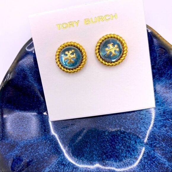NWOT Tory Burch Gold Logo Light Blue Iridescent Stud Earrings - Picture 7 of 8